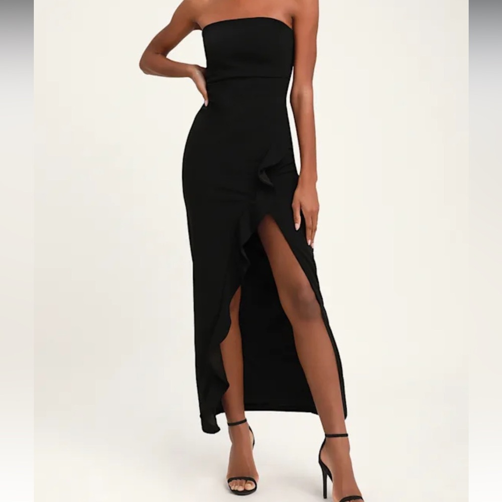 Lulus After Hours Black Strapless Ruffled Maxi Dress, Size Small